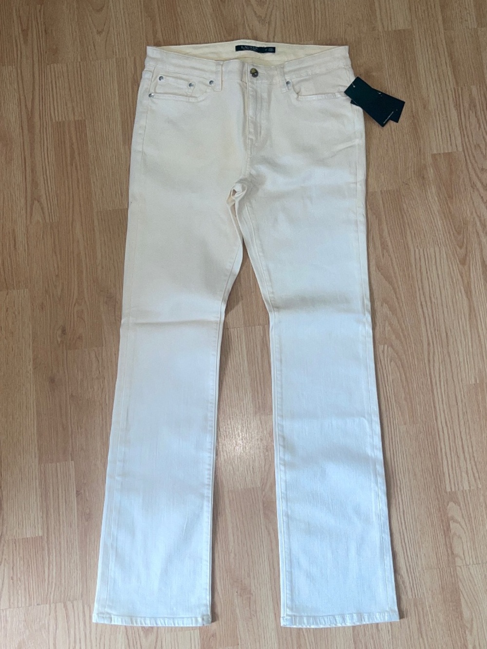 NWT Lauren Ralph Lauren Shimmering Pearl (Ivory) Straight Leg Mid Rise Jeans